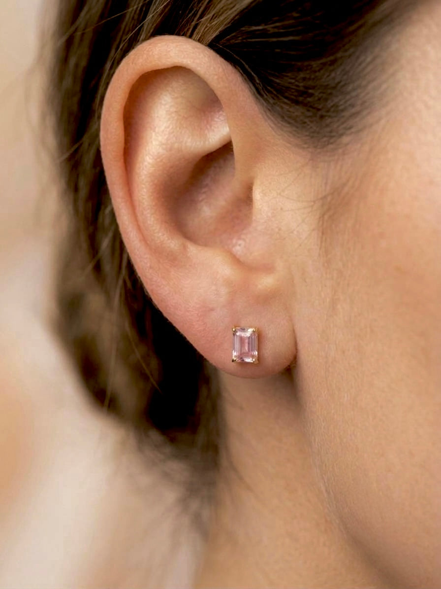 Anti-Tarnish Gold Rectangle Pink Diamond Stud