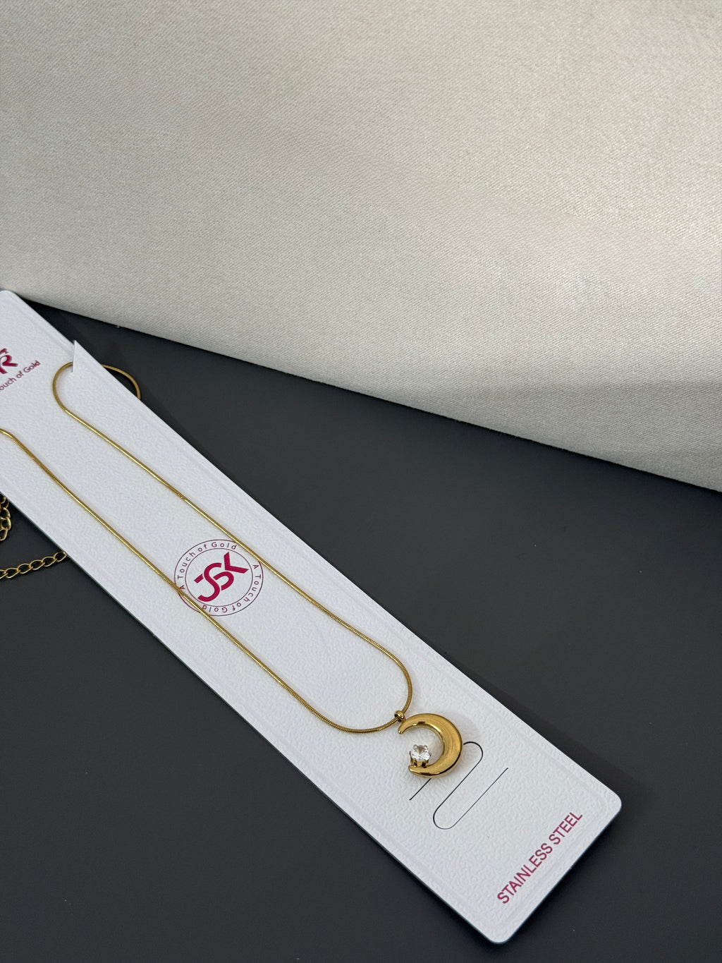 Anti-Tarnish Gold Half Moon Stone Pendant Necklace