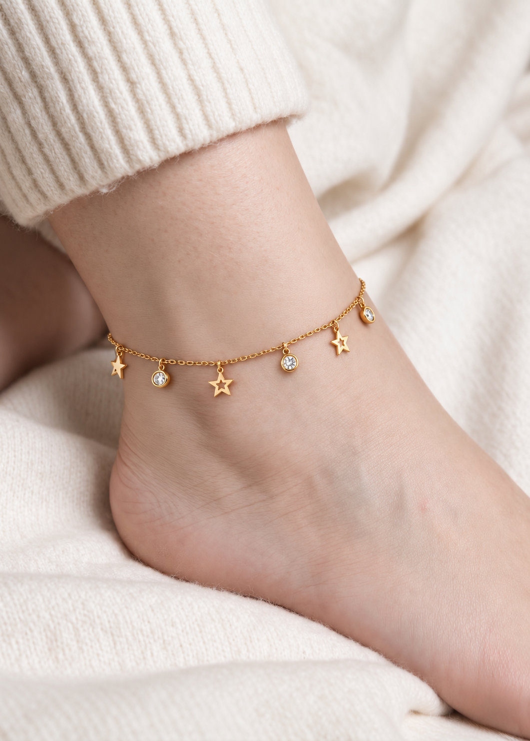 Anti-Tarnish Gold Star White Stone Anklet size Adjustable-1pc