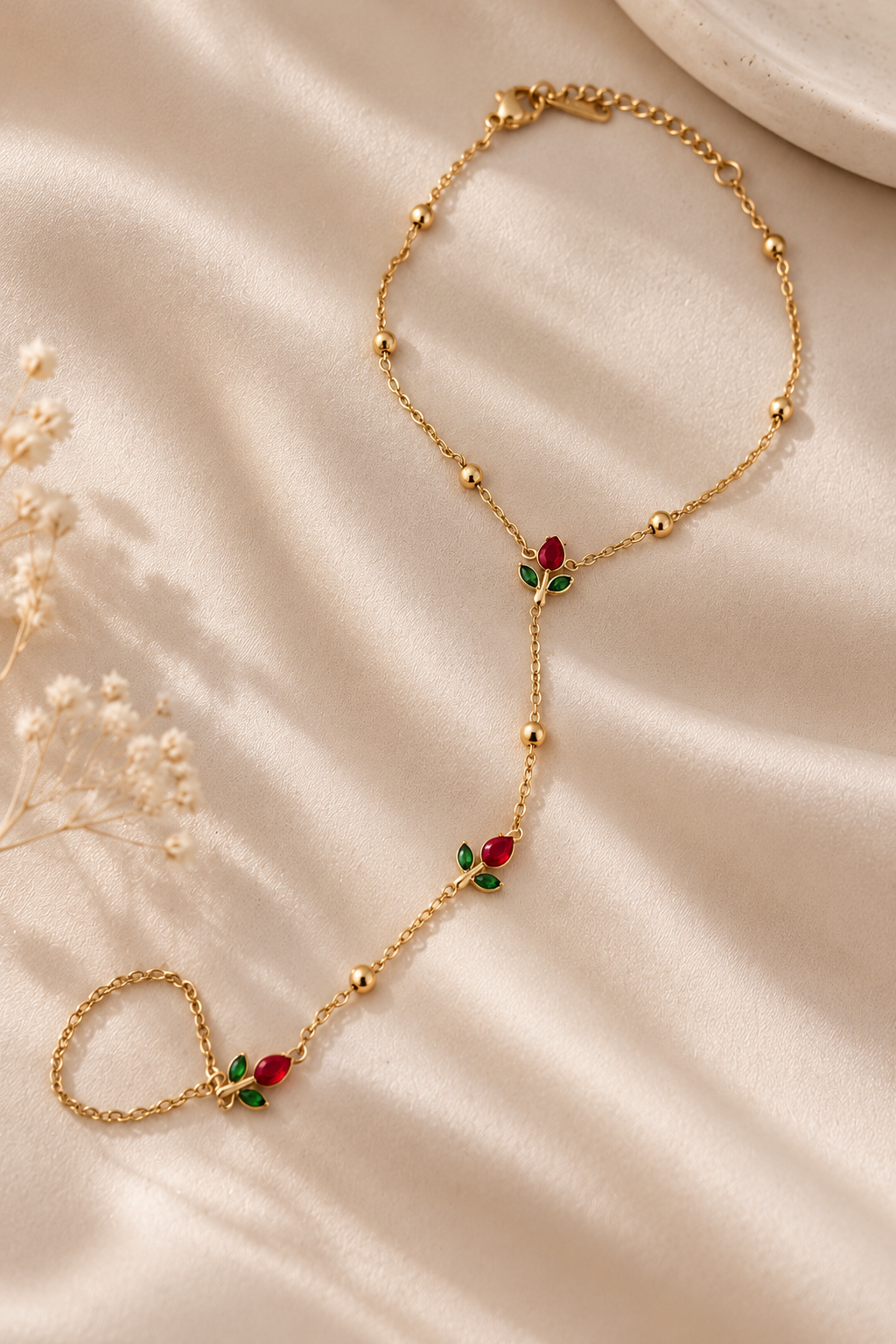 Anti-Tarnish Gold Red Tulip Hand Chain Adjustable