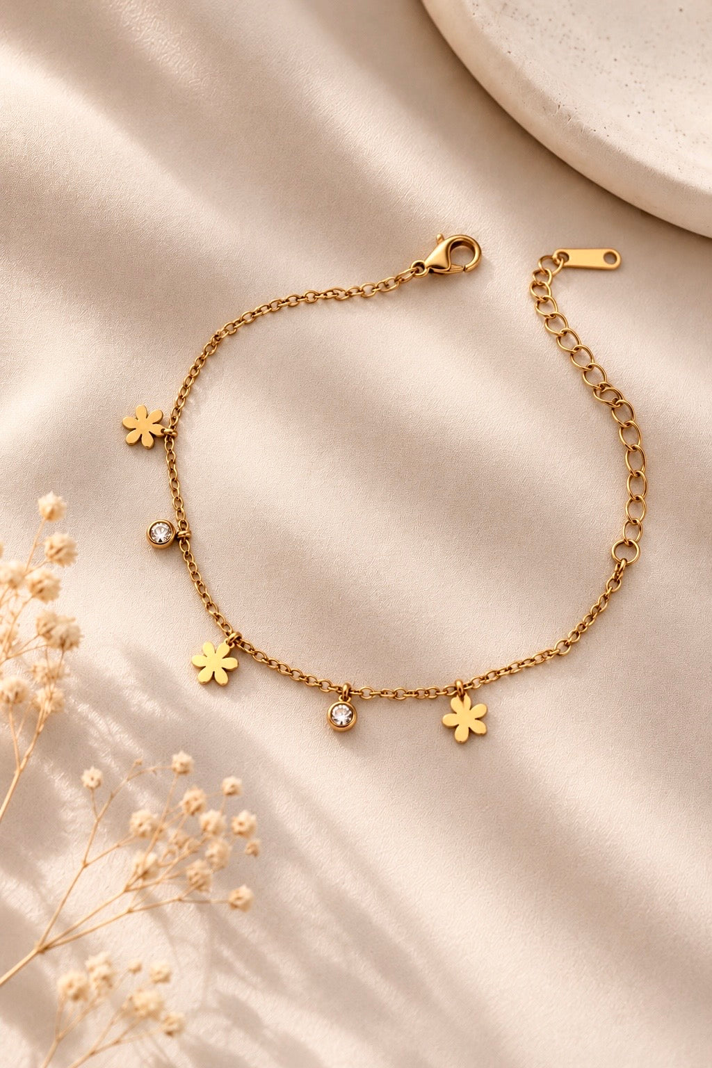 Anti-Tarnish Gold Flower Stone Adjustable Bracelet