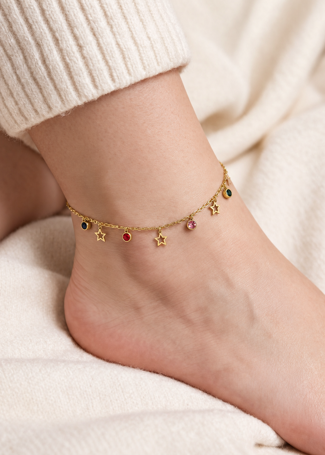 Anti-Tarnish Gold Star Multi Stone Anklet size Adjustable-1pc