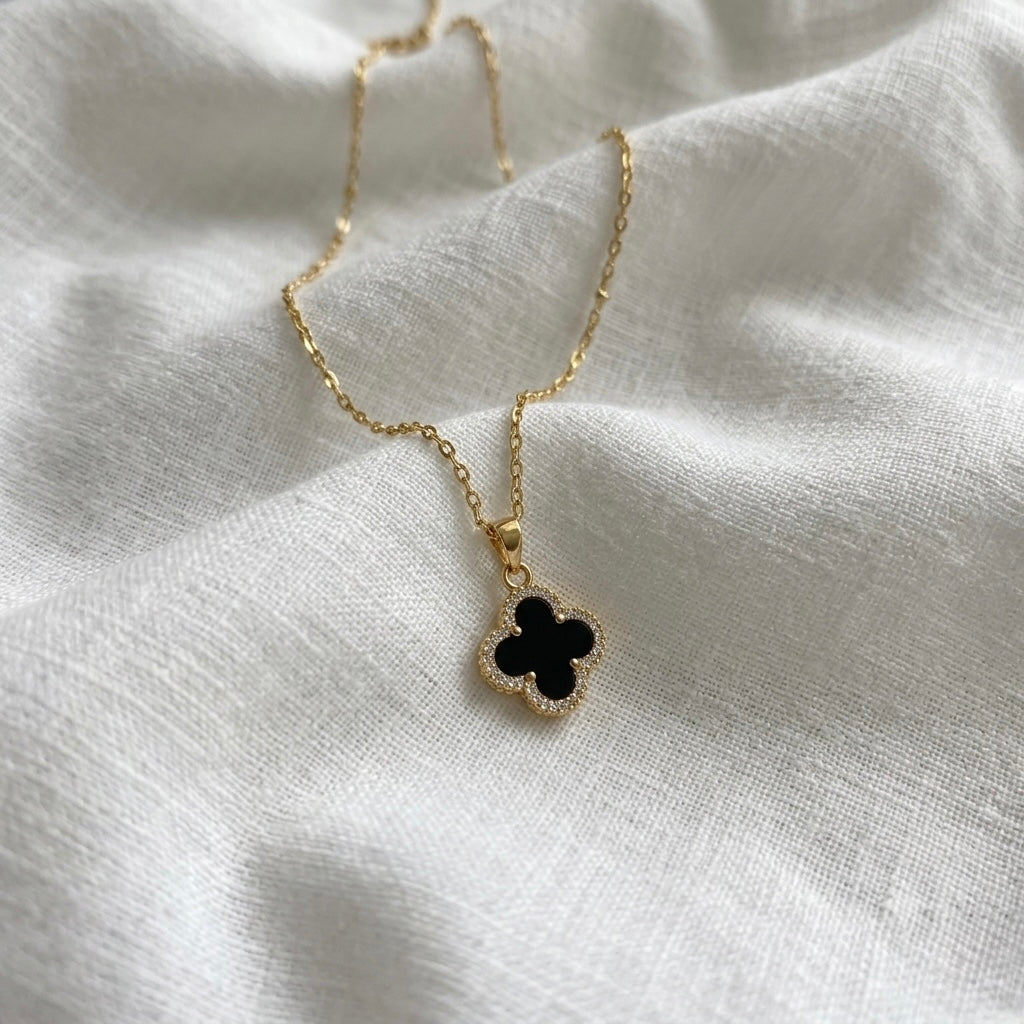 Anti-Tarnish Gold Double Side Black & White Stone Pendant Necklace