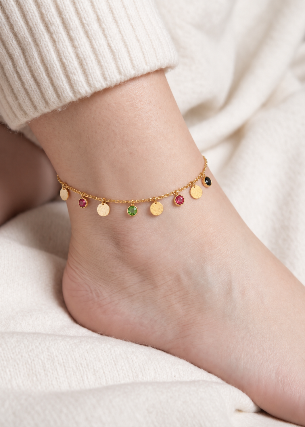 Anti-Tarnish Gold Round Multi Stone Anklet size Adjustable-1pc