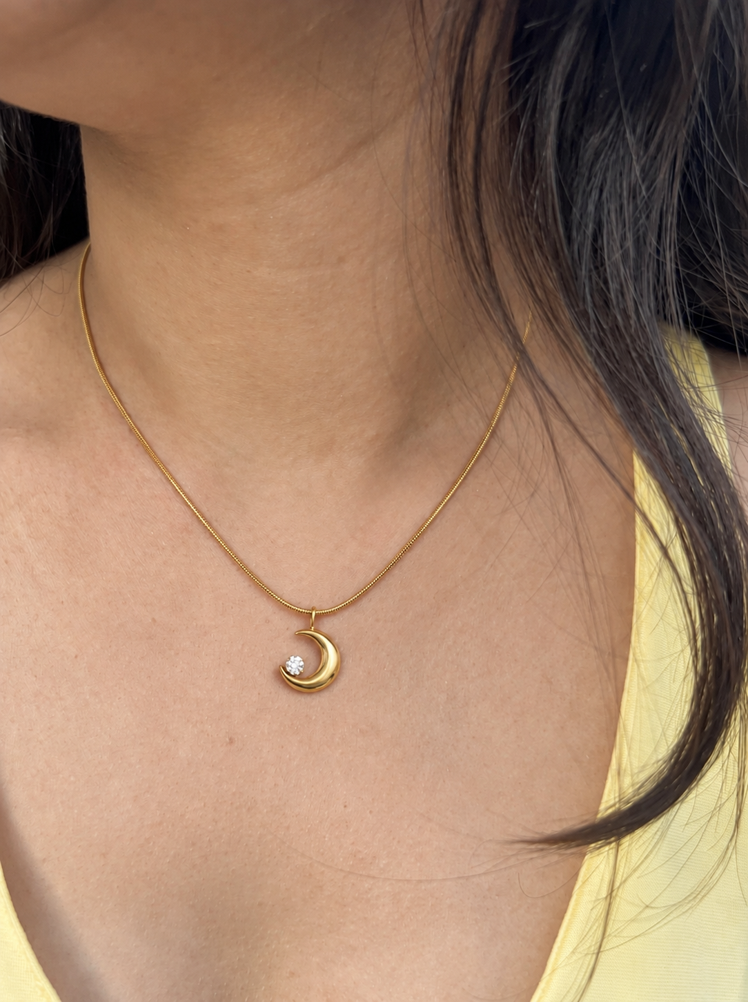 Anti-Tarnish Gold Half Moon Stone Pendant Necklace