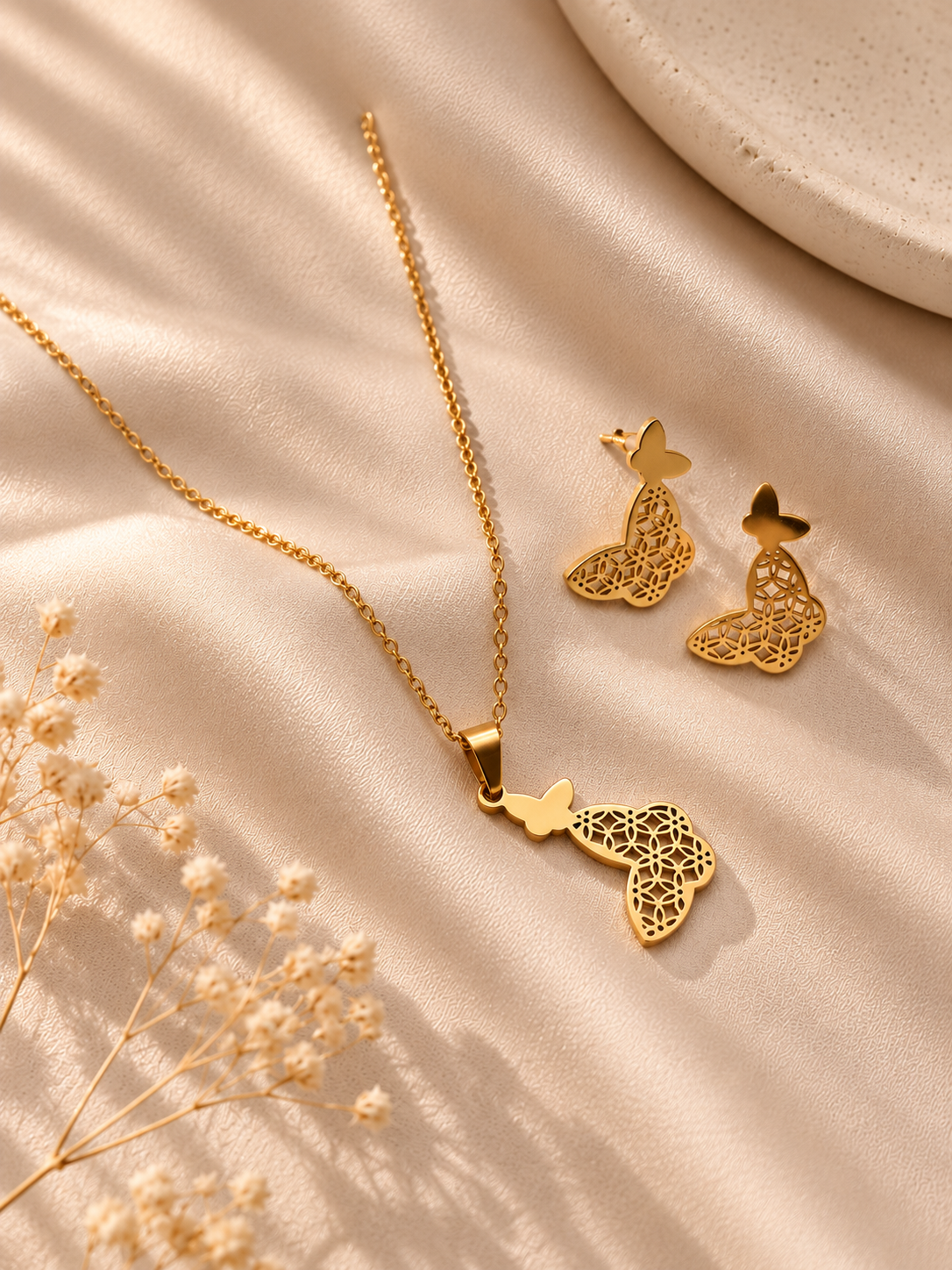 Anti-Tarnish Gold Butterfly Necklace Combo Set
