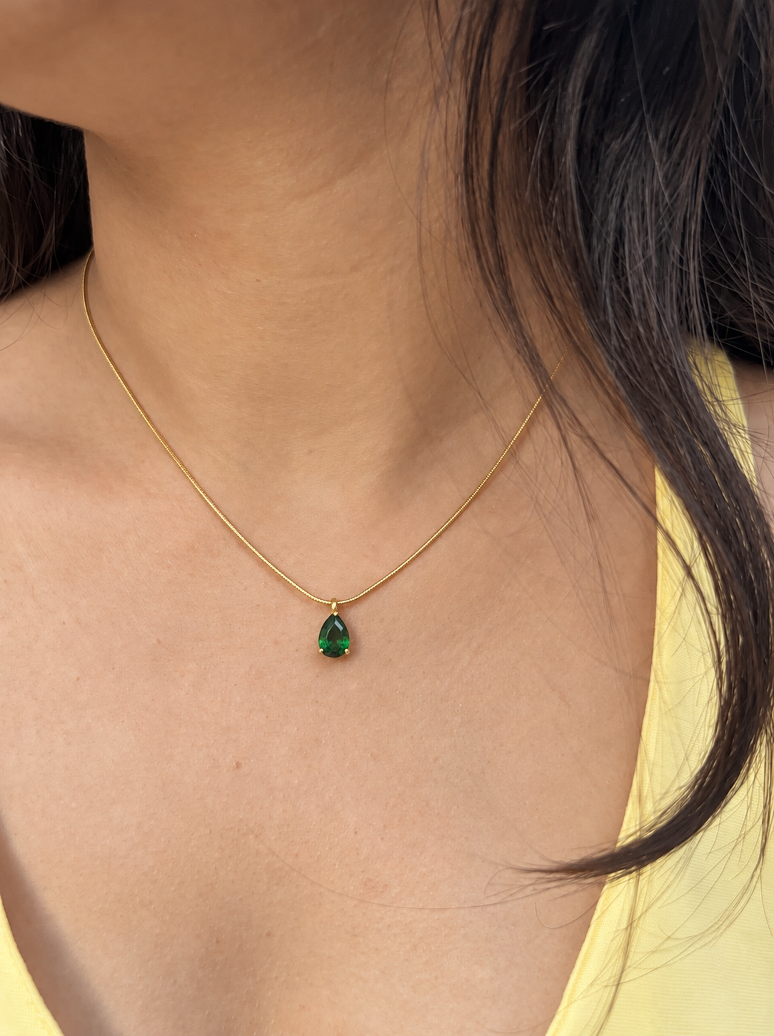 Anti-Tarnish Gold Green Drop Diamond Pendant Necklace