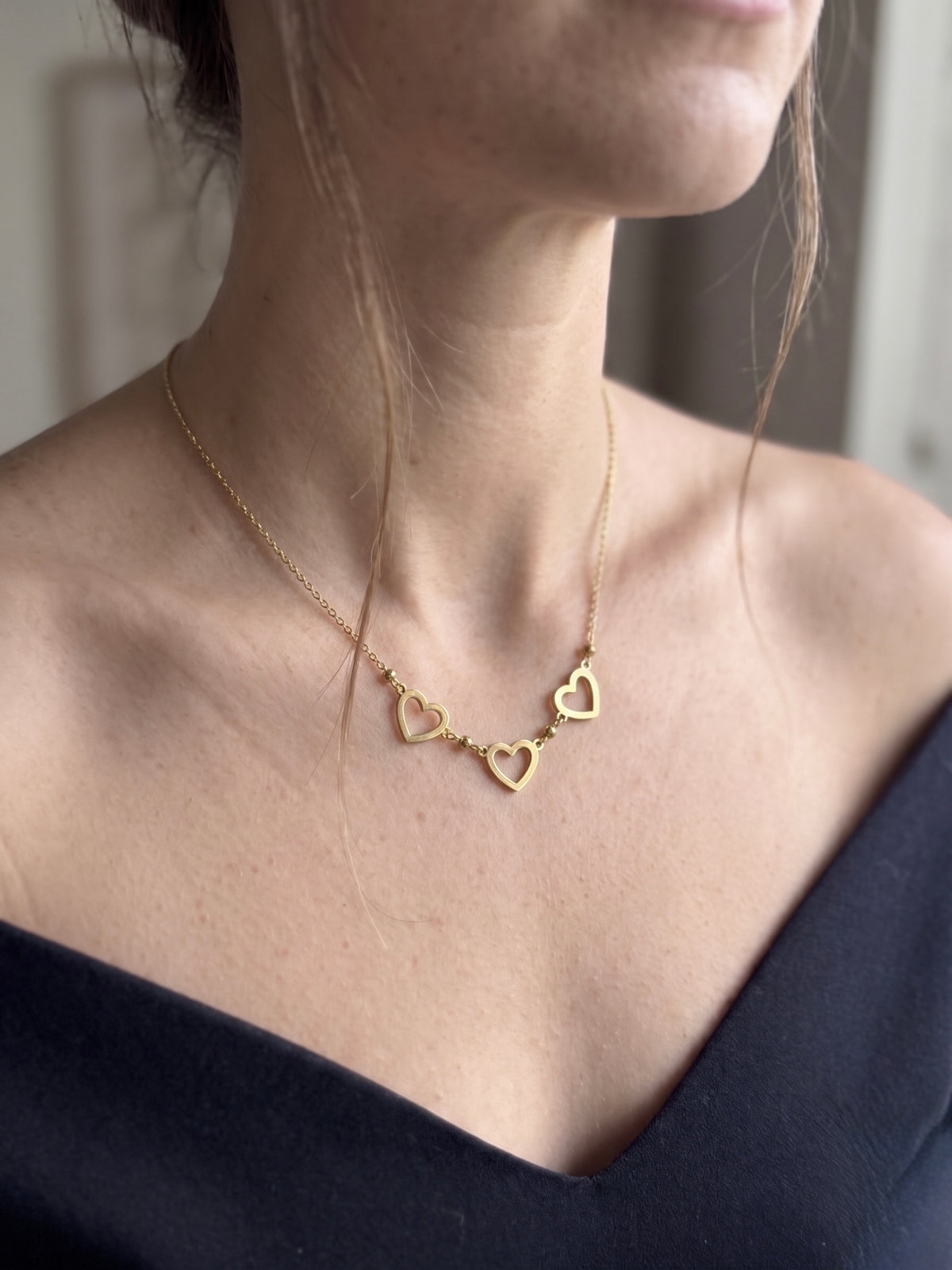 Anti-Tarnish Gold Tripple Heart Necklace
