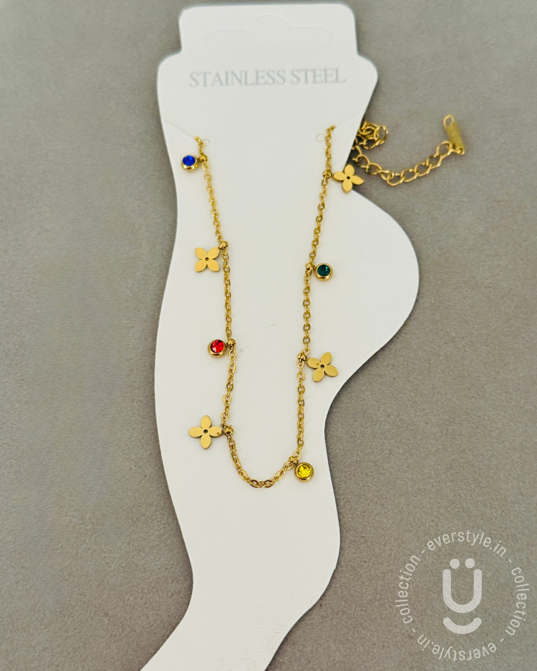Anti-Tarnish Gold Flower Multi Stone Anklet size Adjustable-1pc
