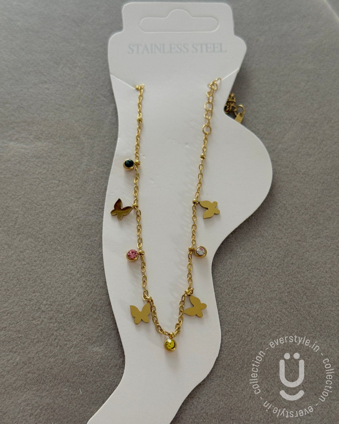 Anti-Tarnish Gold Butterfly Multi Stone Anklet size Adjustable-1pc