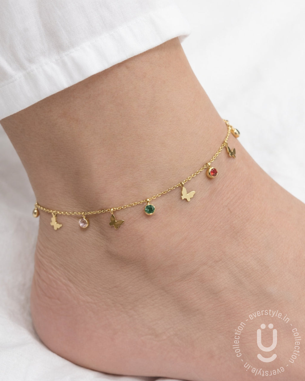 Anti-Tarnish Gold Butterfly Multi Stone Anklet size Adjustable-1pc