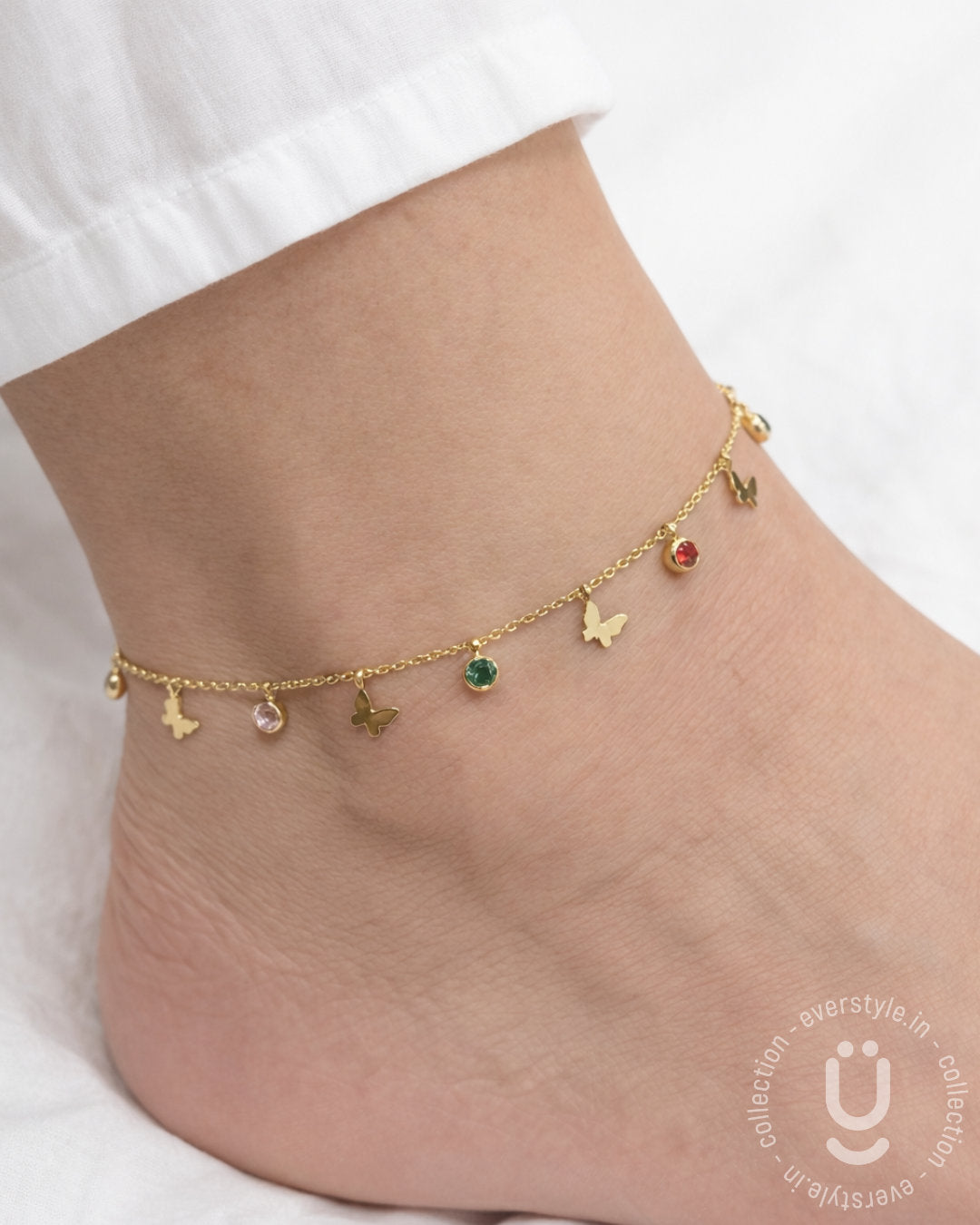 Anti-Tarnish Gold Butterfly Multi Stone Anklet size Adjustable-1pc