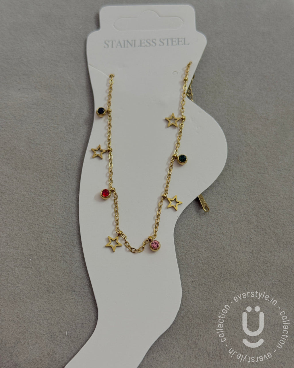 Anti-Tarnish Gold Star Multi Stone Anklet size Adjustable-1pc