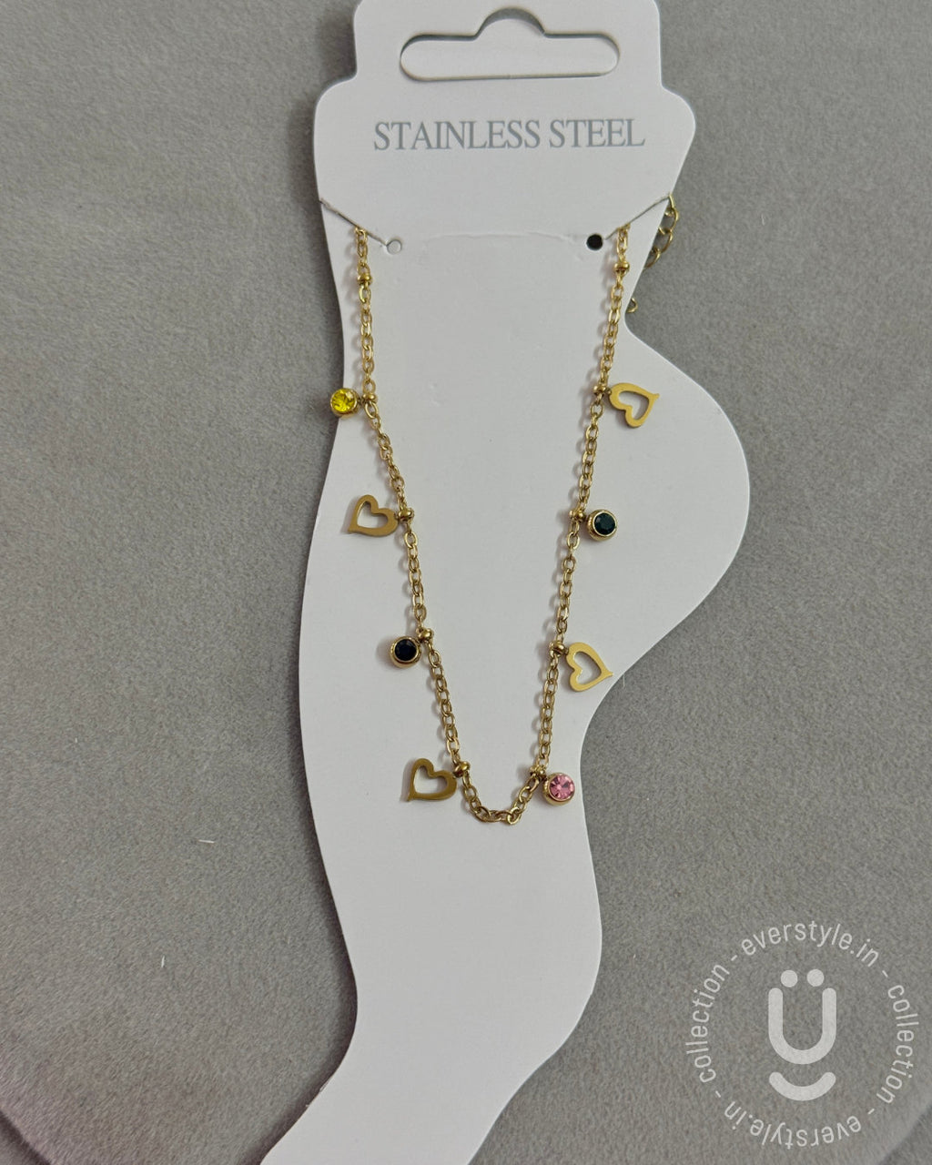 Anti-Tarnish Gold Heart Multi Stone Anklet size Adjustable-1pc