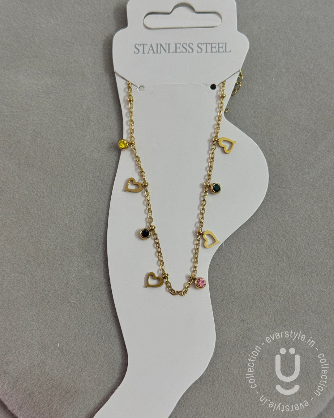 Anti-Tarnish Gold Heart Multi Stone Anklet size Adjustable-1pc