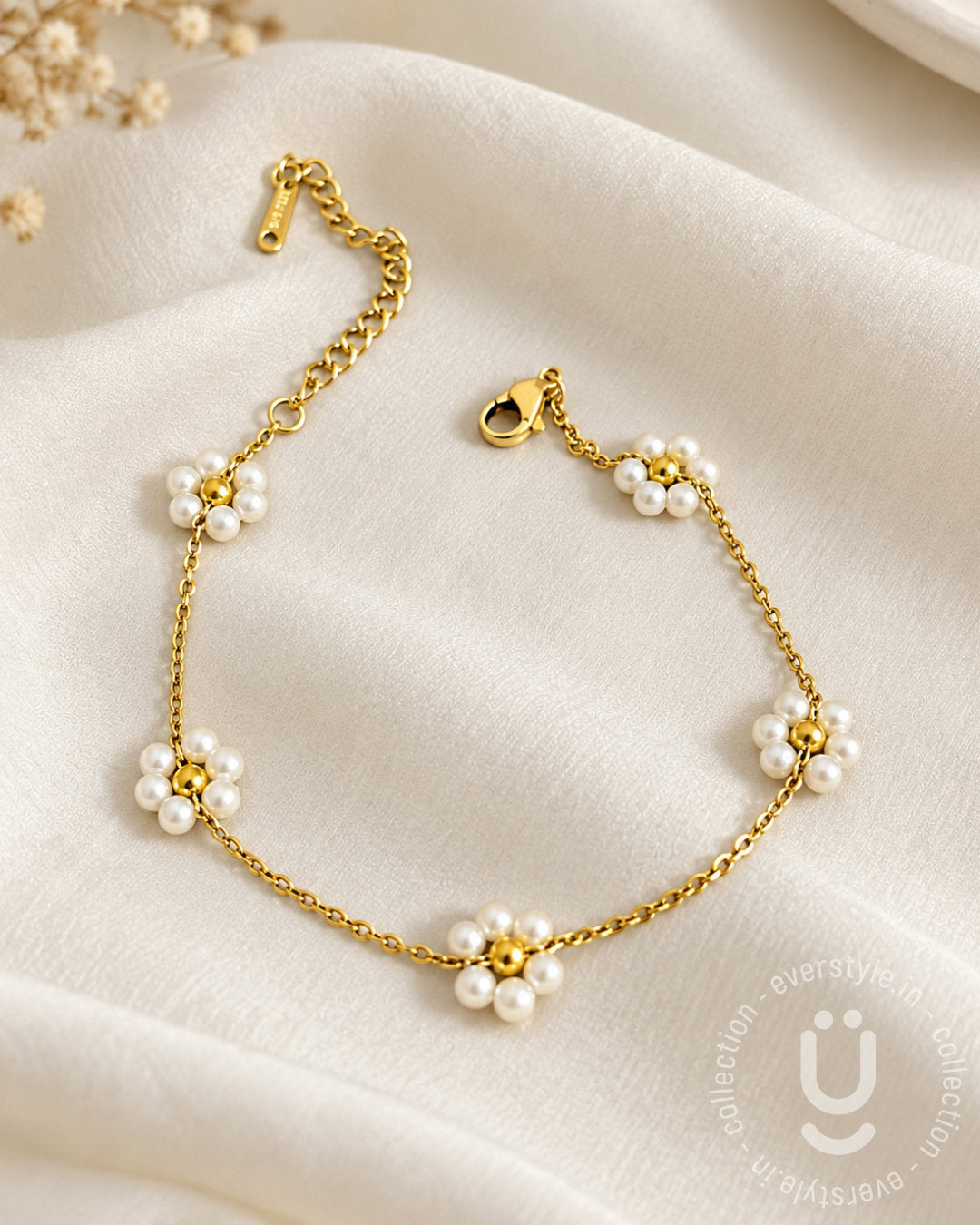 Anti-Tarnish Gold Flower Pearl Adjustable Bracelet