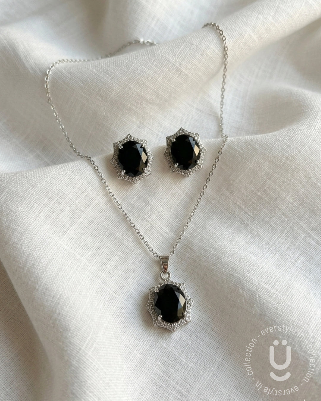 Anti-Tarnish S.Steel Black A.D Stone Necklace Set
