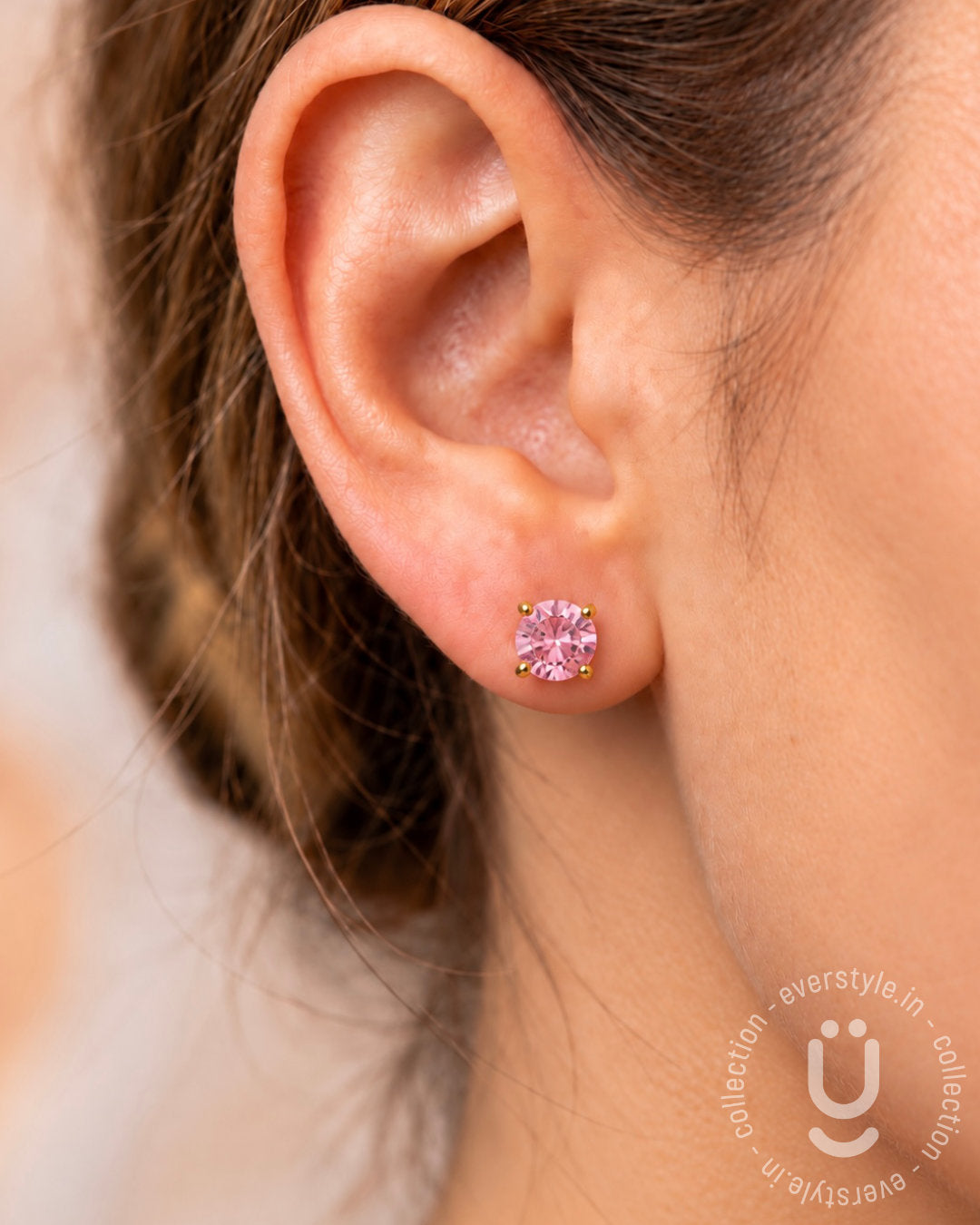 Anti-Tarnish Gold Round Pink Diamond Stud