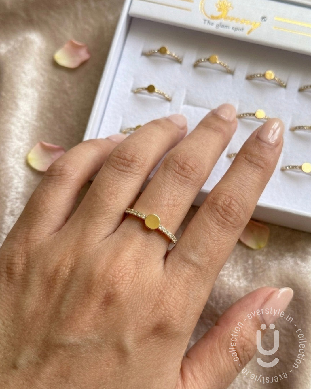 Anti-Tarnish Gold Finger Ring Round Stone Adjustable Size
