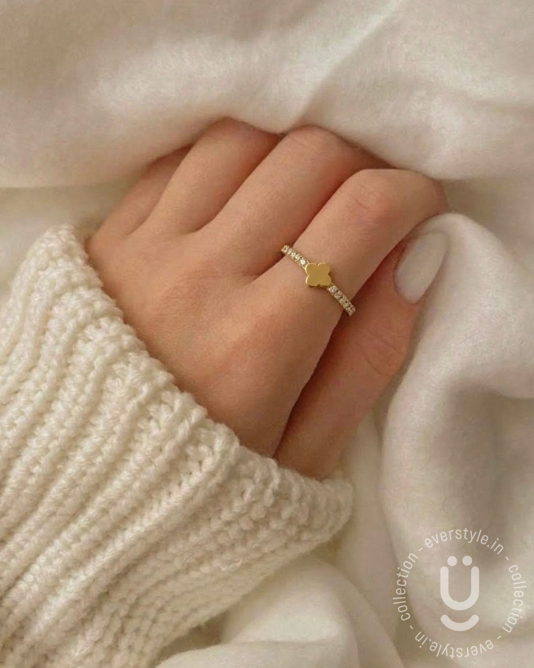 Anti-Tarnish Gold Finger Ring Clover Stone Adjustable Size