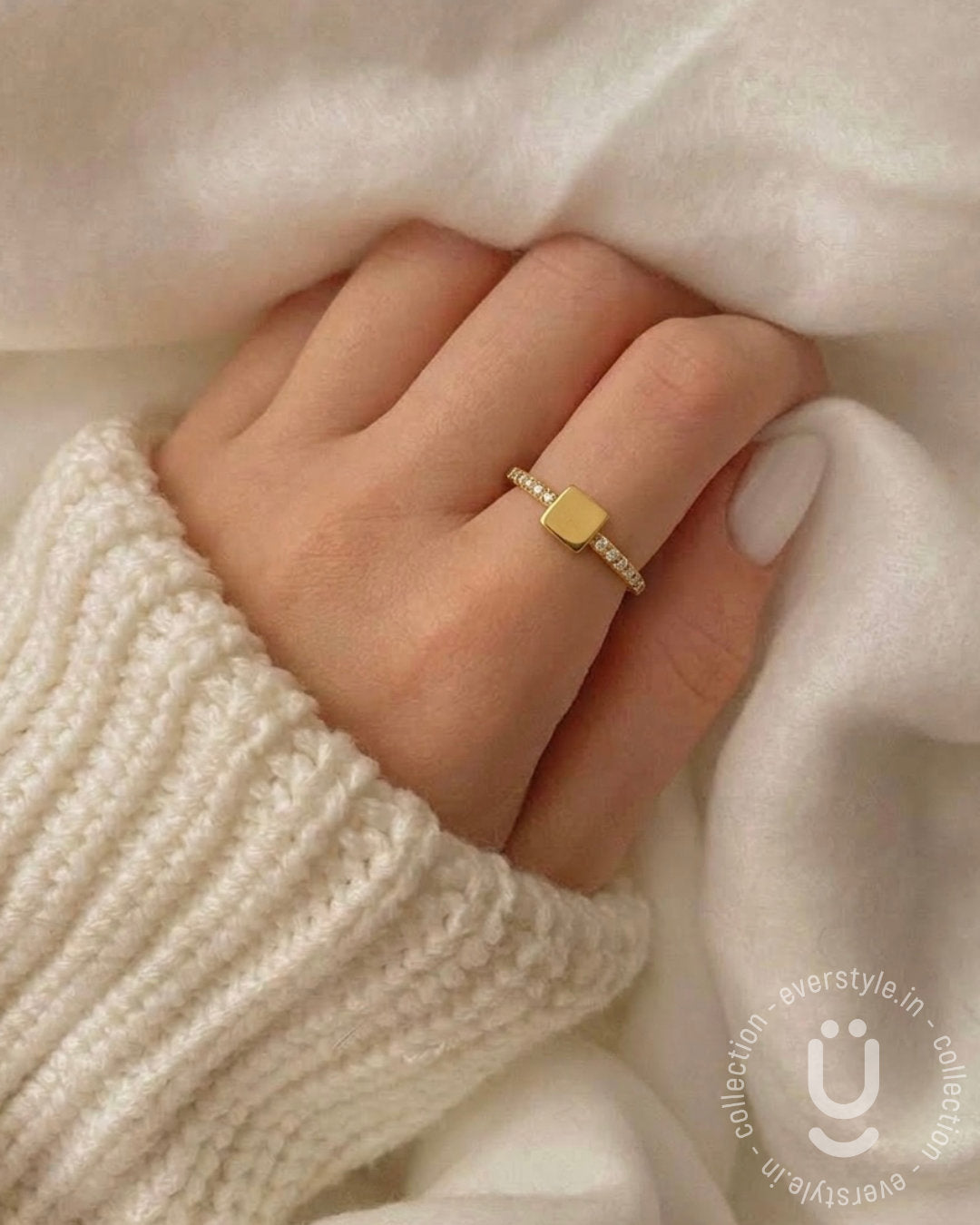 Anti-Tarnish Gold Finger Ring Square Stone Adjustable Size