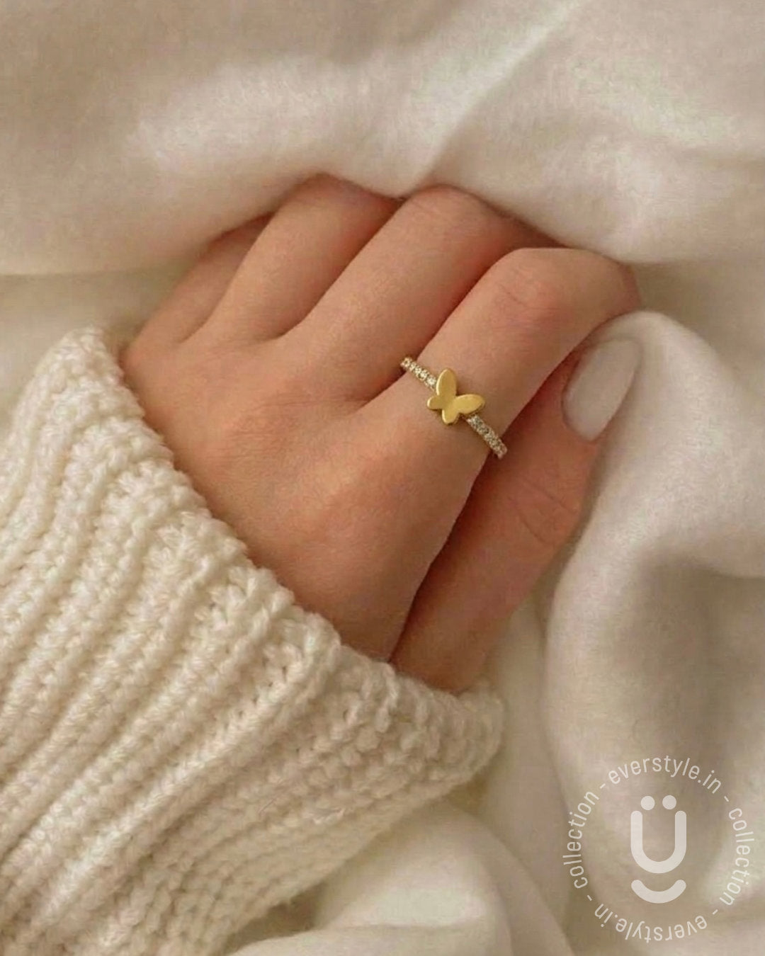 Anti-Tarnish Gold Finger Ring Butterfly Stone Adjustable Size