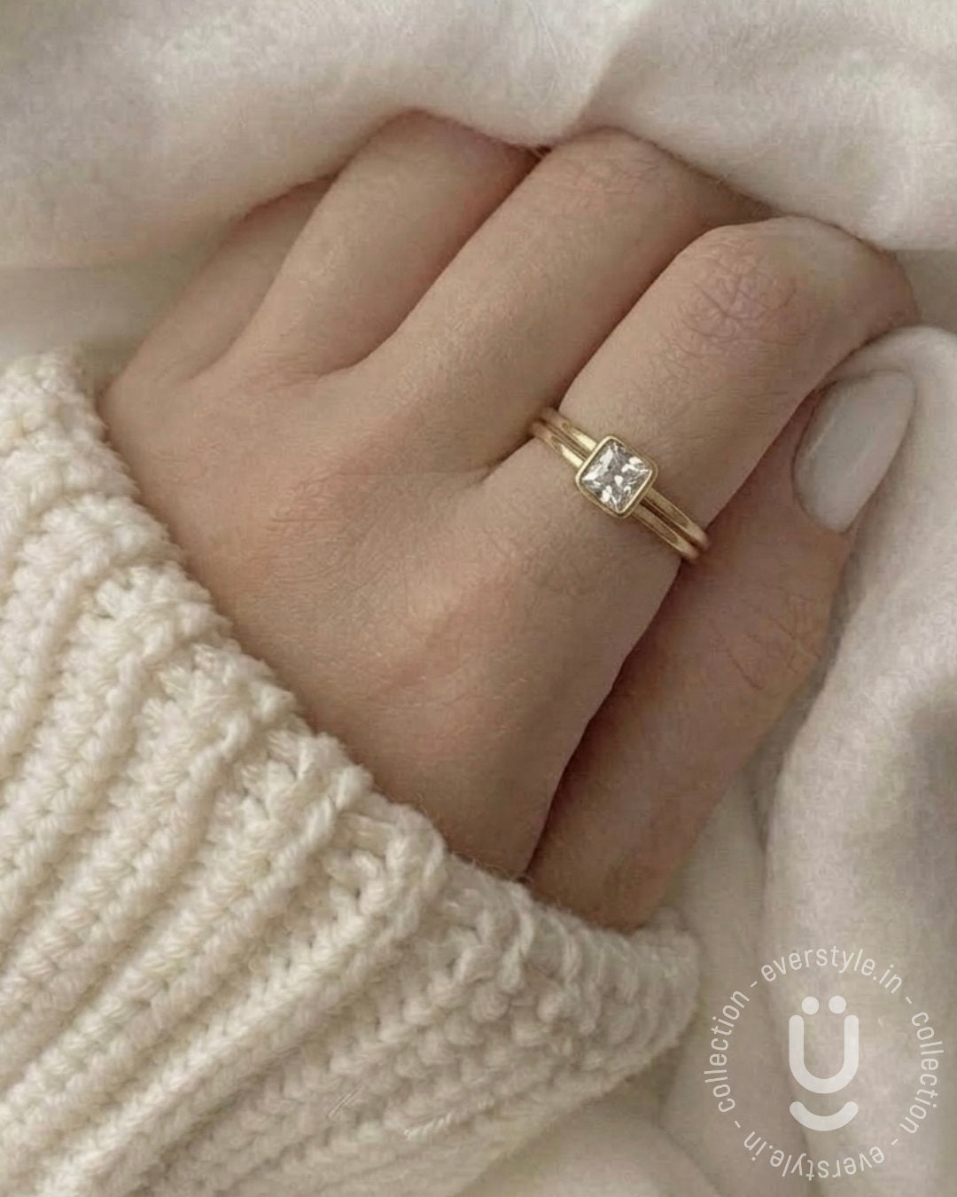 Anti-Tarnish Gold Finger Ring Square Stone Adjustable Size