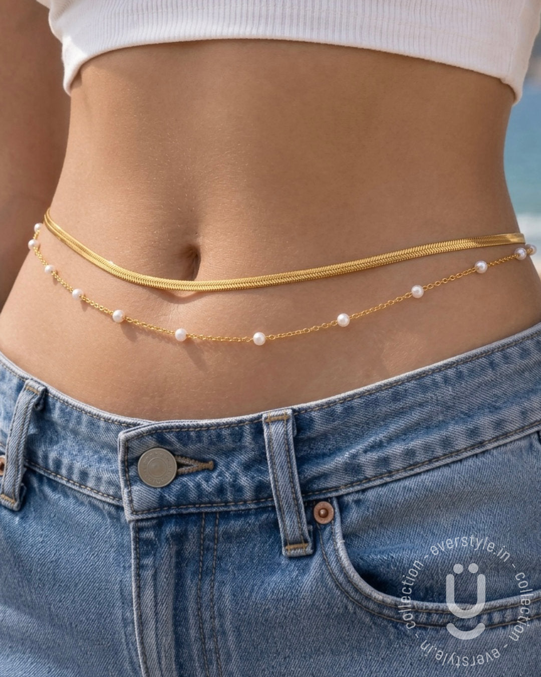 Anti-Tarnish Gold Two Layer Pearl Waist Chain Adjustable